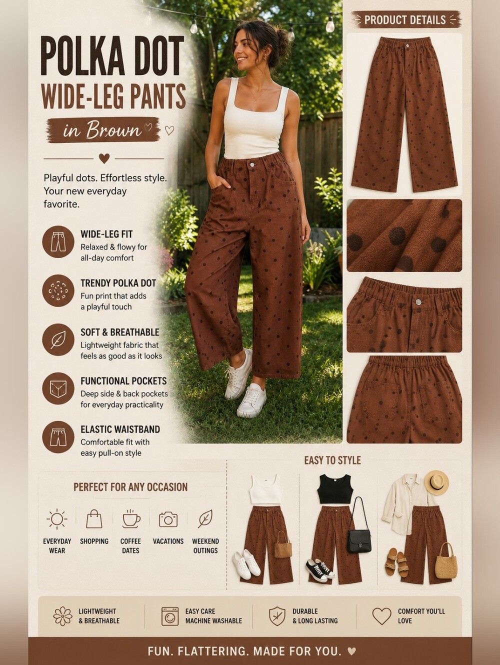Polka Dot Wide-Leg Pants — Brown